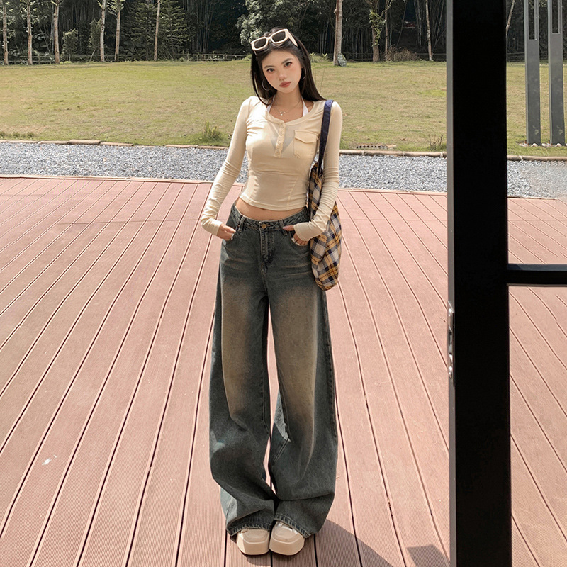 American Style Retro Nostalgic High Waist Loose Wide Leg Pants Dipped Autumn and Winter Straight Leg Jeans Women & Long Pants