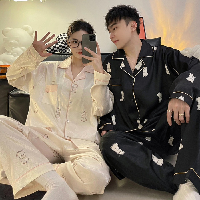 Pareja pijamas de mujer primavera y otoño seda de hielo manga larga hombres delgados Jacquard más tamaño traje de desgaste de seda real