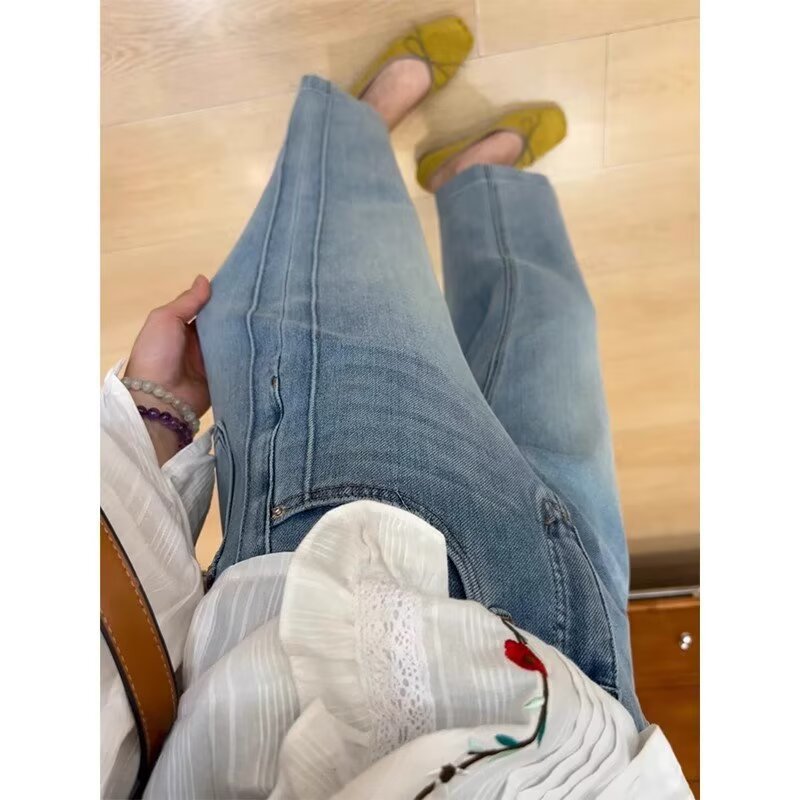 女性用ライトカラーレギンスストレートジーンズ、夏用薄手、小柄、細身、ワイドレッグパンツ、大きいサイズ、太mmストレッチシガレットパンツ|undefined