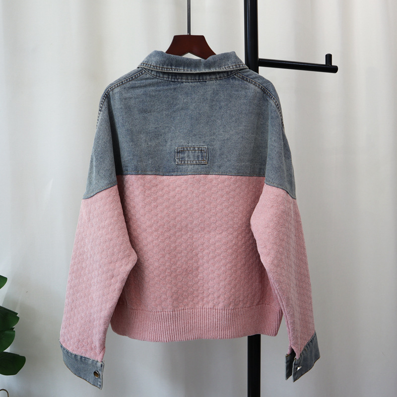 Women's Clothing autumn and winter new splicing denim knitted cardigan loose contrast color casual temperament sweater jacket for women_voghion.com