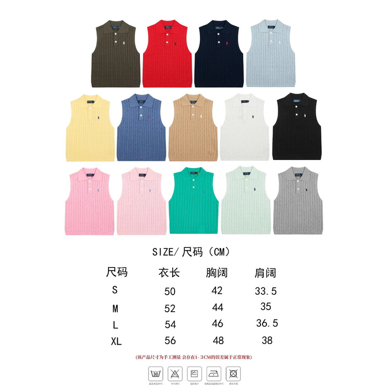 Rl Ralph Lauren Braided Logo Embroidered Polo Collar Vest Knit Vest Women's T-Shirt with Sleeves Knit Top Short Sleeve