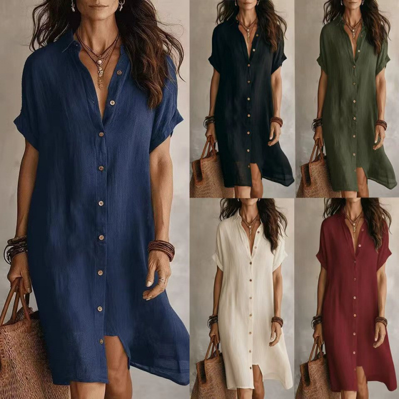 2026 European and American Amazon Cross-Border New Style Shirt Dress, Fashionable Casual Solid Color Short-Sleeve Buttoned Mid-Length Dress