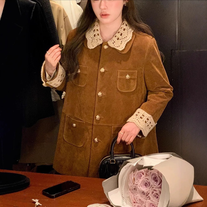 M Series Retro Lapel Mid-Length Suede/Velvet Jacket Workwear Windbreaker for Women Maillard Outfit