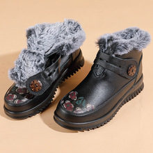 冬季加厚保暖兔毛中老年媽媽鞋頭層真牛皮鞋平底防滑女奶奶鞋棉鞋