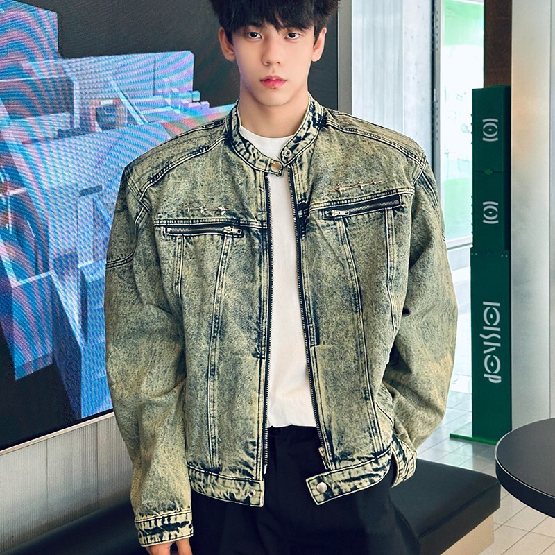 Cross-border American Style Old Washed Shoulder Pad Short Stitching Denim Jacket Trendy Brand Metal Design Collarless Jacket for Men