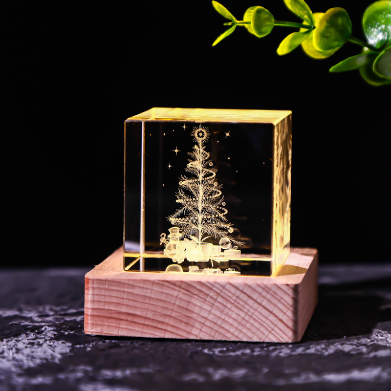 Cubo de cristal decoración interruptor de luz cálida base de madera talla interior Luna Sistema Solar Galaxy decoración de escritorio regalo de niña