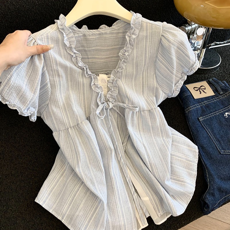Cute lace summer blue shirt with bow