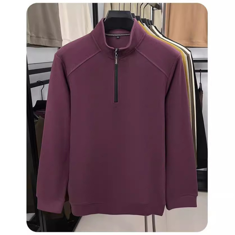 High Weight Double-Sided Dove Velvet One-piece Velvet Men's Sweatshirt Half-height Zipper Collar Men's Autumn and Winter Solid Color Pullover T-Shirt