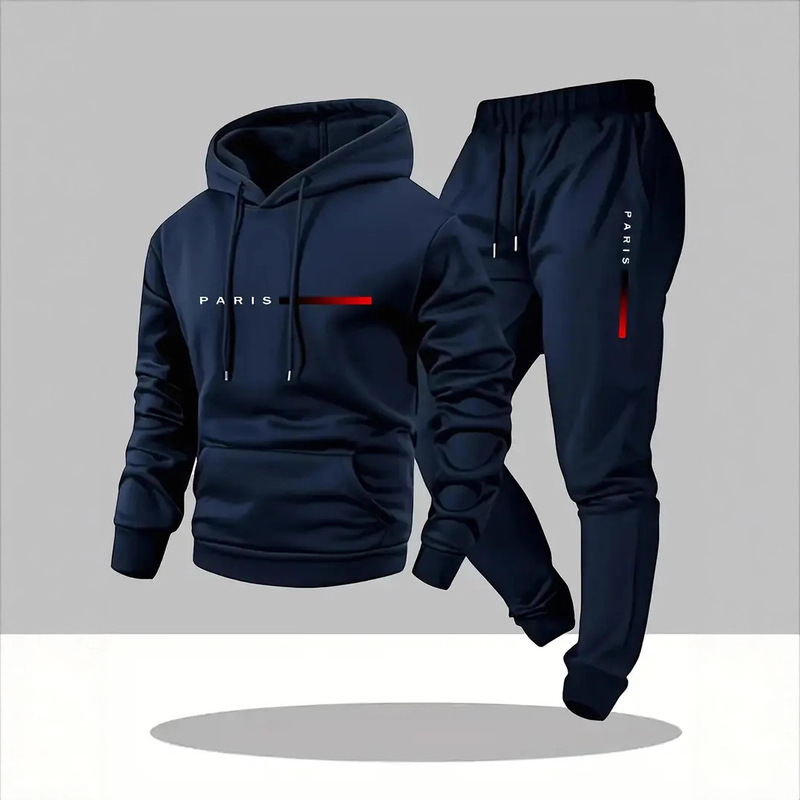 Trendy Cross-Border Sports Suit for Men, Casual Sportswear, Hooded Sweatshirt with Fleece, Men's Clothing