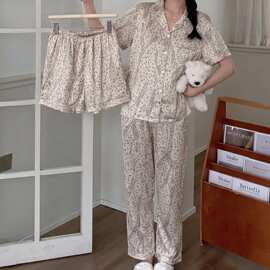 冰雪丝夏季新款睡衣女简约休闲短袖短裤长裤舒适宽松家居服三件套
