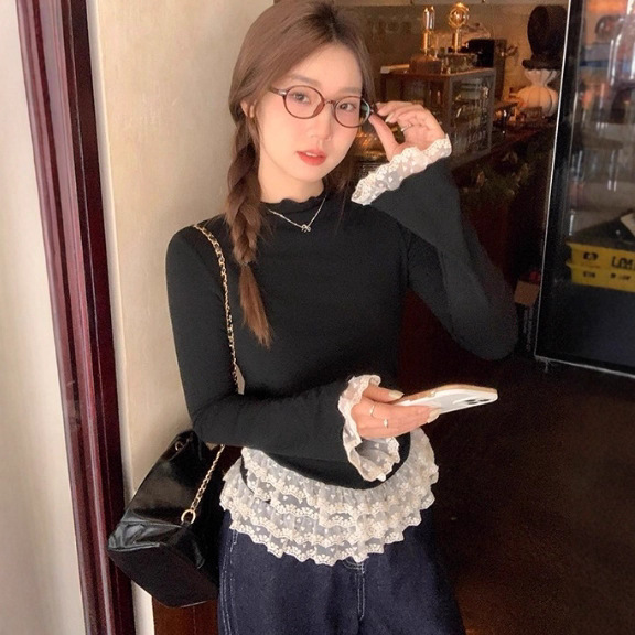 ins纯欲性感木耳边拼接蕾丝长袖t恤女修身时尚显瘦辣妹打底衫上衣