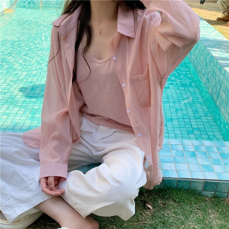 フランスのシフォンの日焼けシャツの女性の夏のシフォンの薄いタイプのシャツのゆったりしている版の抗シワの長袖の日焼けの上着のコート|undefined