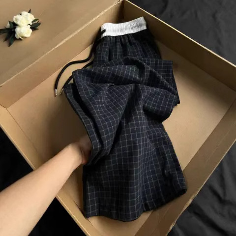 Summer Korean Style Slimming Plaid Loose Wide-Leg Casual Pants for Women with Elastic Waist and Drawstring Straight-Leg Walking Pants for Women