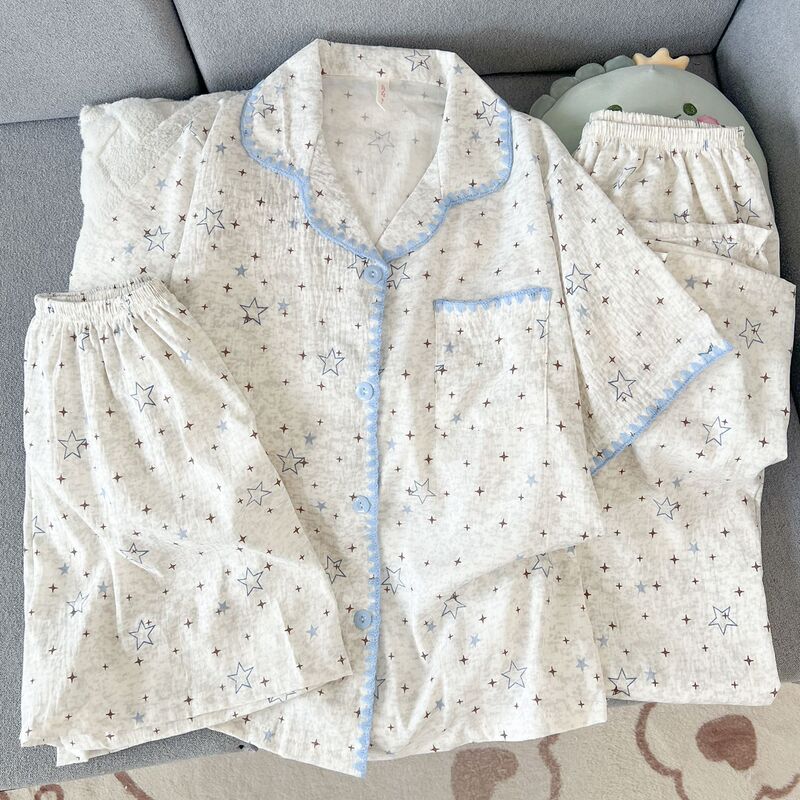 Cloud Pure Cotton Gauze Pajamas Women's Short-Sleeved Summer Three-Piece Set 2026 New Star High-End Home Wear Summer Cloud Pure Cotton Gauze Pajamas Women's Short-Sleeved Summer Three-Piece Set 2026 New Star High-End Home Wear Summer