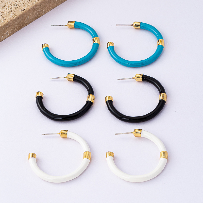French Retro C-Shaped Enamel Glaze Splicing Earrings European and American Fashion Accessible Luxury Simple 925 Silver Needle Retro Earrings for Women