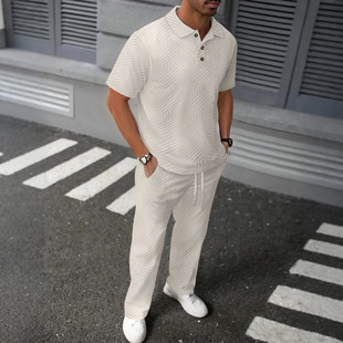 European and American Amazon Summer Cross-Border Men's New Pure Color Jacquard Lapel Short-Sleeved Polo Shirt and Pants Two-Piece Suit