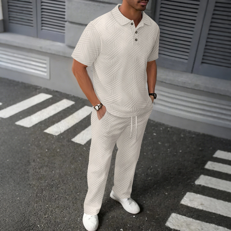 European and American Amazon Summer Cross-Border Men's New Pure Color Jacquard Lapel Short-Sleeved Polo Shirt and Pants Two-Piece Suit European and American Amazon Summer Cross-Border Men's New Pure Color Jacquard Lapel Short-Sleeved Polo Shirt and Pants Two-Piece Suit