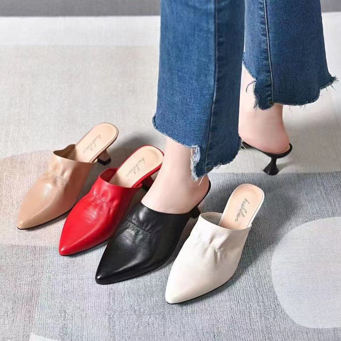 Giày mule nữ mũi nhọn da thật gót kitten 3 cm kiểu Pháp — Gót nhọn màu Mơ (3 cm)