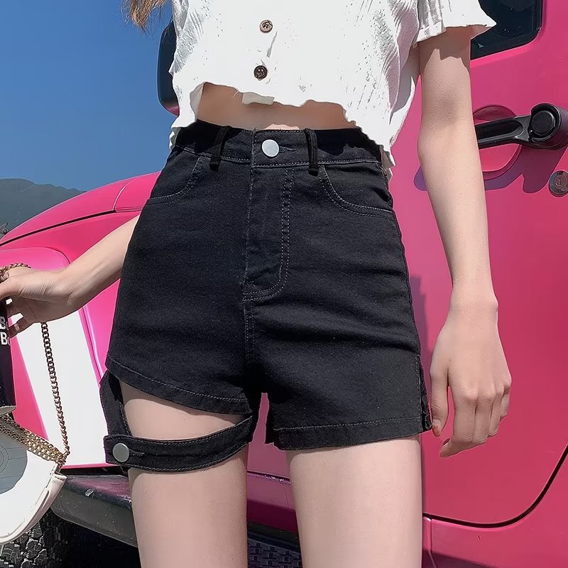 Black High Waist Biker Denim Shorts Women's Summer Online Hot Spice Girl Stretch a-Word Tight American Style Sexy Outer Wear Hot Pants