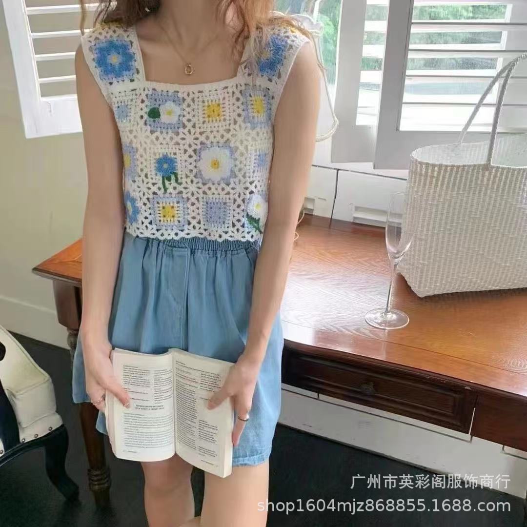 Retro knitted spring short lace vest sleevless
