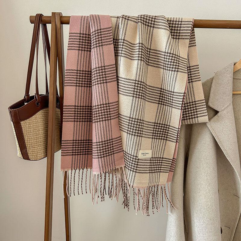 Autumn and Winter Classic I mitation Cashmere Line Grid Double sided Tassel Scarf Versatile Women's Sweet Korean Version_voghion.com