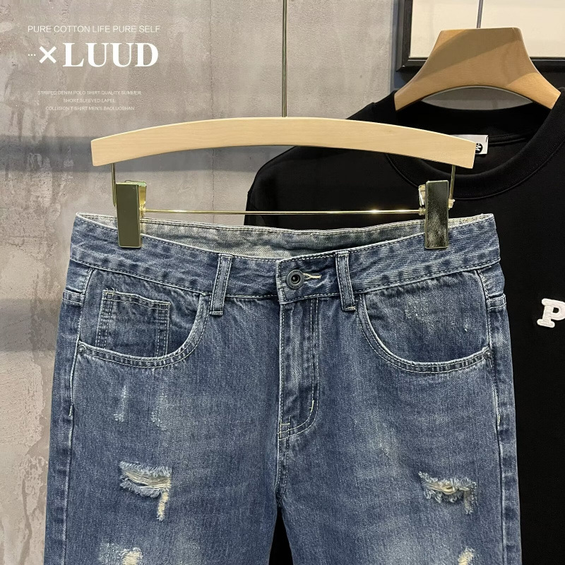 Men's Ripped Denim Shorts Casual Loose Fit Washed Perforated Straight Leg Mid Waist Trendy Summer Style Cotton Five Point Pants_mkmklike.com