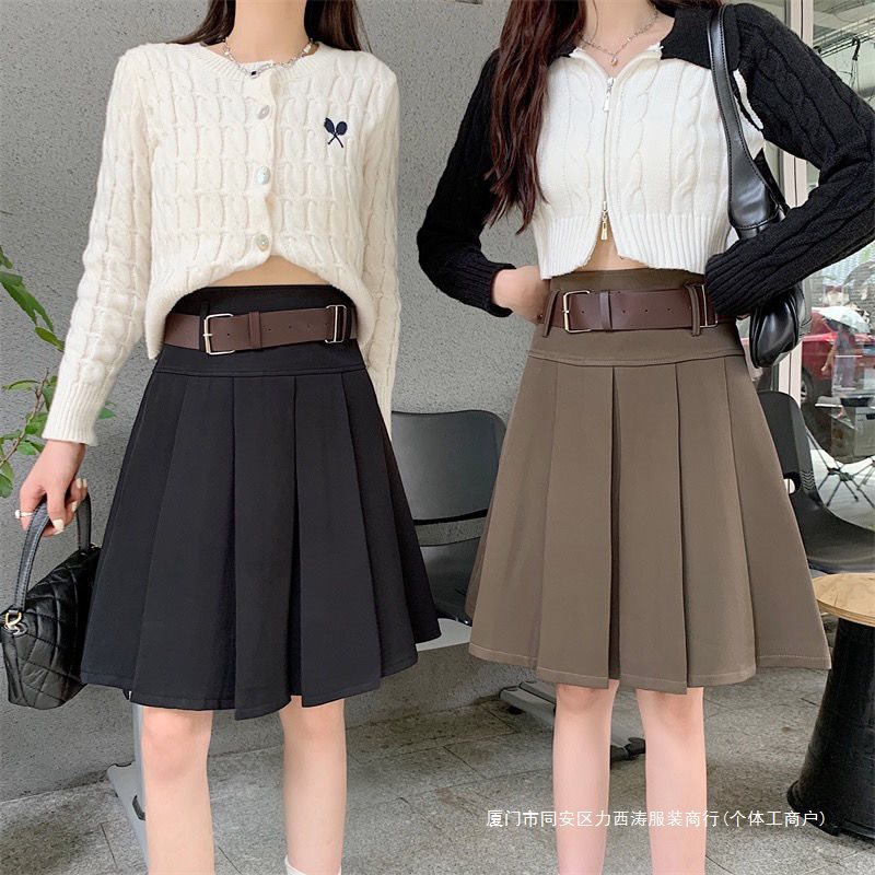 中长款百褶裙女2023秋冬高腰复古学院风半身裙显瘦西装字裙
