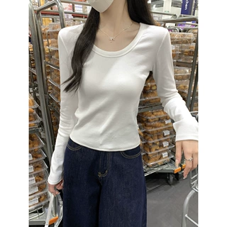 2026初春基础款白色T恤女打底衫简约正肩辣妹风修身长袖内搭上衣