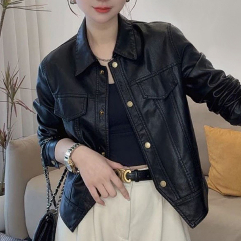 All-Net Low-Price Spring and Autumn Thin Stylish Fashion Short Lapel Pu Leather Jacket Women's Coat with Buttons