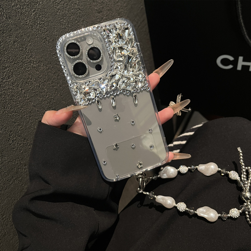 Transparent Full-Diamond Water Drop Diamond Case Suitable for Apple 16 Pro Max Phone Case iPhone 17/15 Pearl Chain Protective Cover