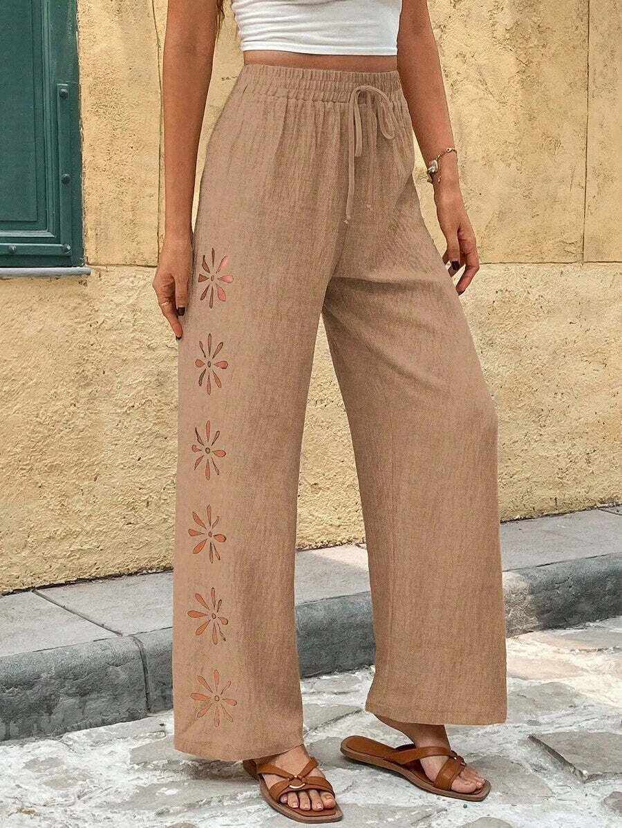 Women's Clothing Women's Casual Trousers Drawstring Hollow Out Solid Color Loose Wide Leg Pants Simple Style_ecoleips.com