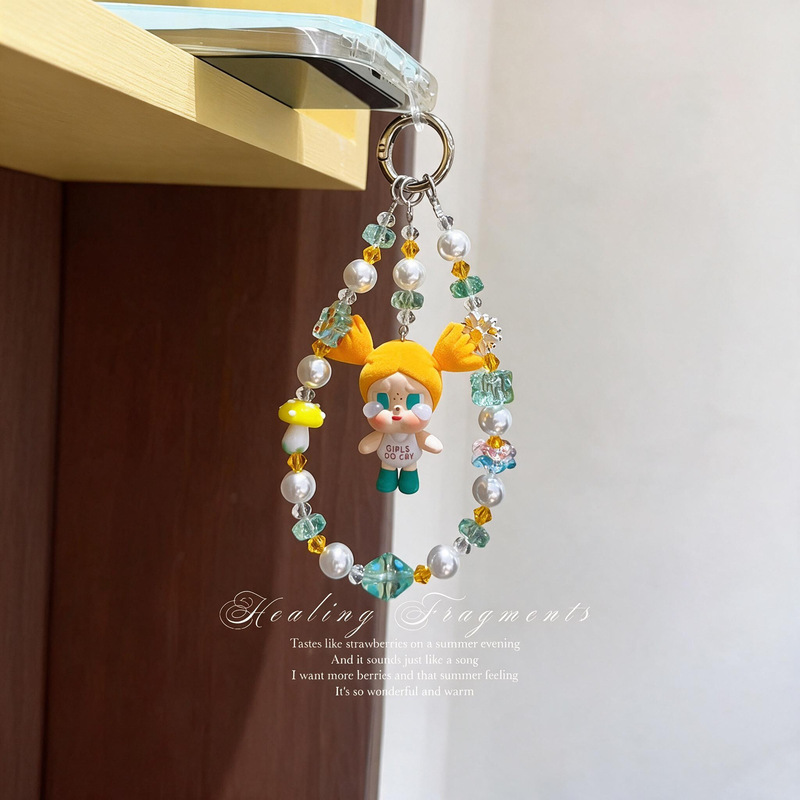 Manufacturer wholesale yellow cute mobile phone chains, alloy flower mobile phone lanyards, glass mushroom crystal mobile phone pendants
