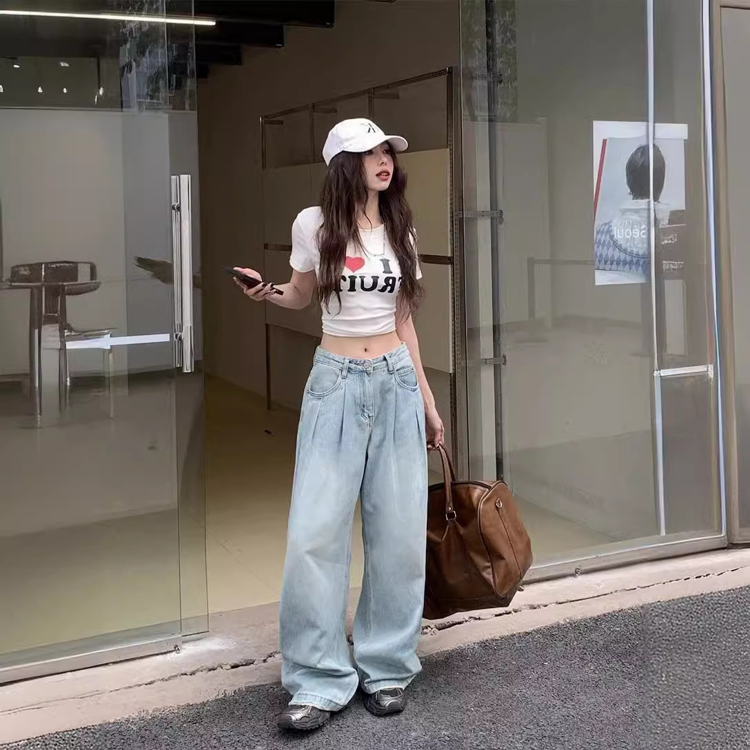 2024 new early spring wash retro nostalgic loose wide-leg denim floor trousers