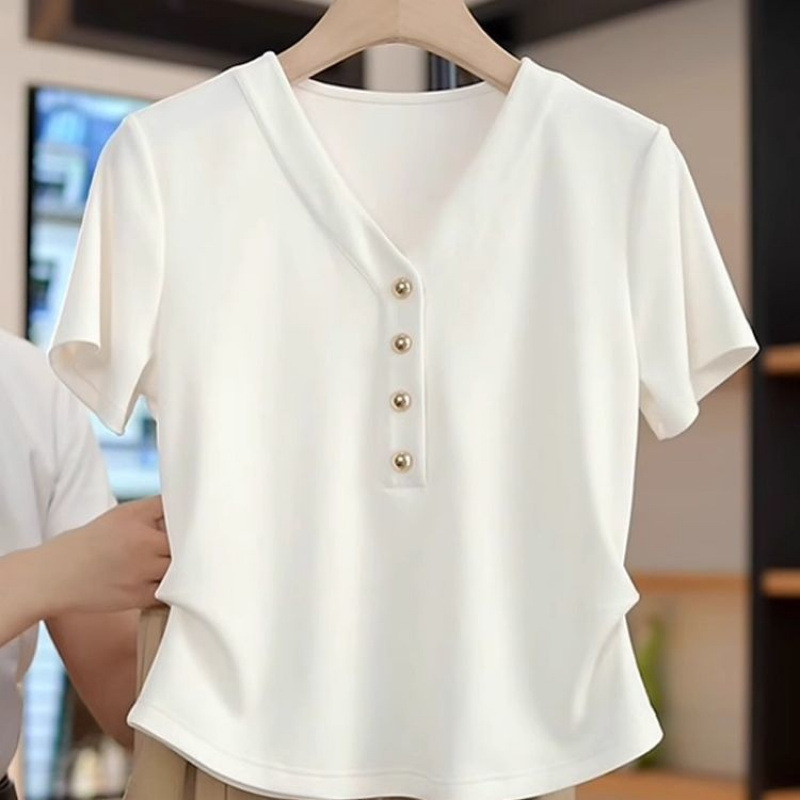 White Right Shoulder Short-Sleeved T-Shirt for Women Summer 2025 New Hot Style Western Style Shirt V Neck Elegant Slimming Look Top