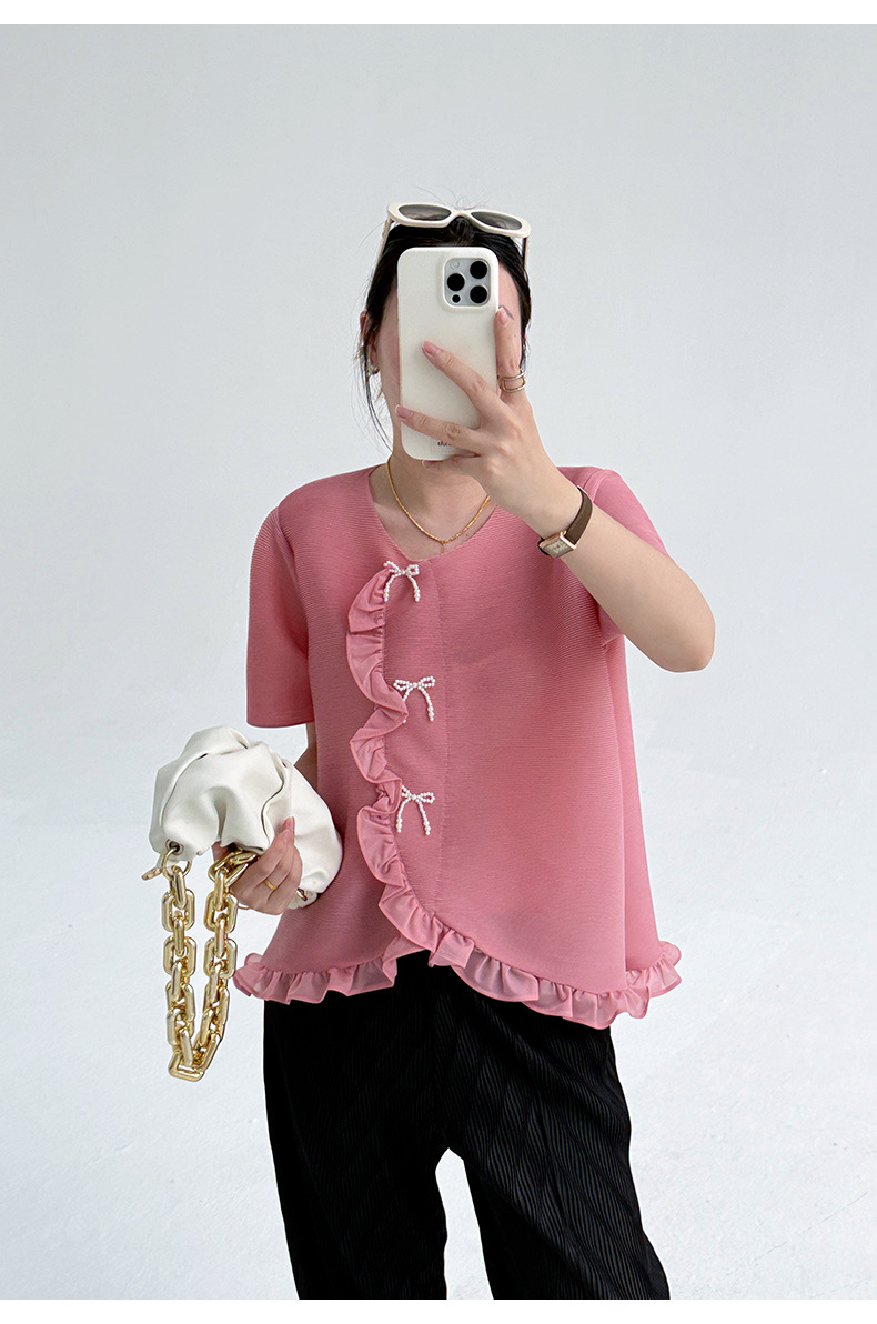 Áo thun nữ cổ tròn dáng rộng tay ngắn ren xếp ly bất đối xứng — đen chi tiết 19