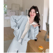 双色系洋气蕾丝拼接运动套装女2025秋韩系宽松减龄卫衣阔腿两件套