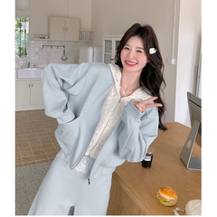双色系洋气蕾丝拼接运动套装女2025秋韩系宽松减龄卫衣阔腿两件套