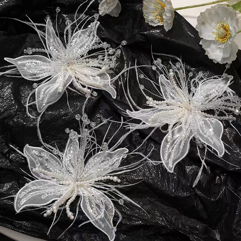 仙美純欲の白いレースの羽の真珠の水晶の花のdiyは糸の花の頭をねじって飾ります。|undefined