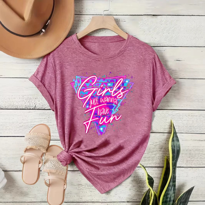 New Fashion Short-Sleeved Retro 80S Neon "Just Want to Have Fun" Pattern Summer European and American Trendy Women's T-Shirt New Fashion Short-Sleeved Retro 80S Neon "Just Want to Have Fun" Pattern Summer European and American Trendy Women's T-Shirt