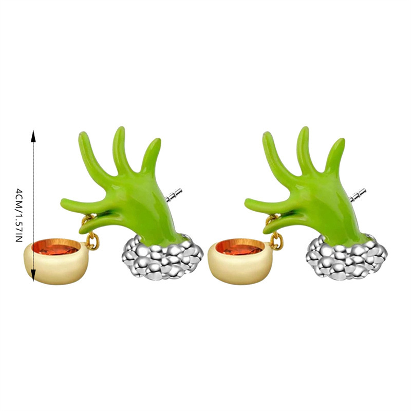 Moda europea y americana transfronteriza Navidad Grinch verde piel monstruo pendientes personalizados creativos en forma de mano joyería de estilo de fiesta