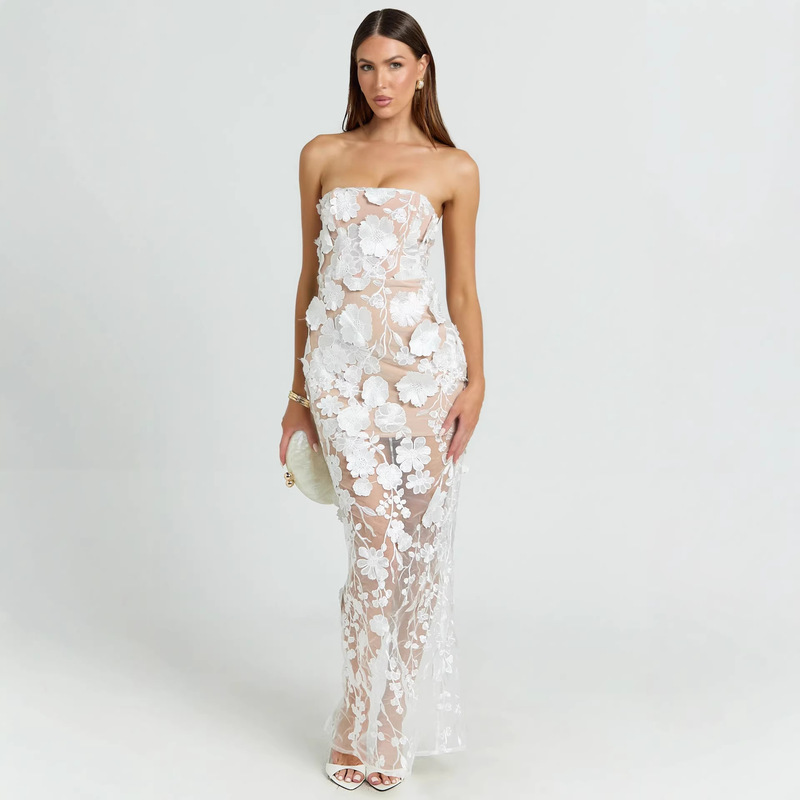 French-Style Light Luxury Three-Dimensional Floral Strapless Dress, Stunning Socialite Party Gown for Summer 2026