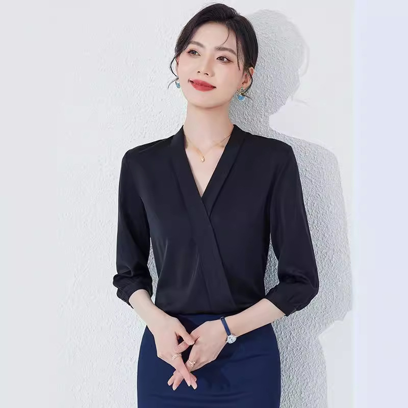 V领衬衫女中袖雪纺衫ol白衬衣西装内搭白领气质正装工作服职业装