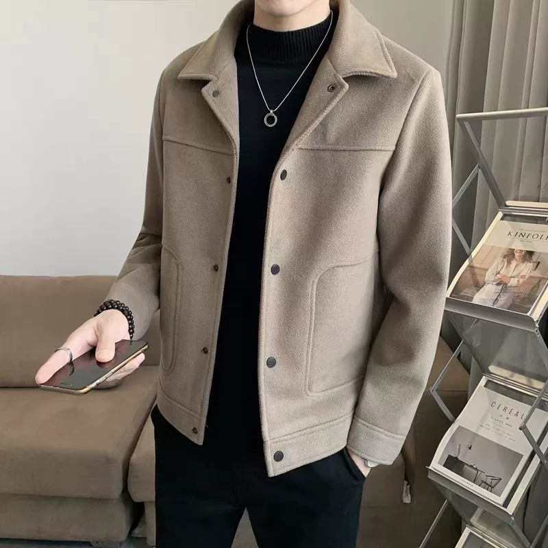 Трендовая короткая мужская шерстяная Autumn демисезонная куртка с начесом, Slim Fit, коллекция 2023, корейский стиль