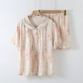 竹纤维短袖短裤带胸垫睡衣女春夏甜美风家居服清新系列家居服