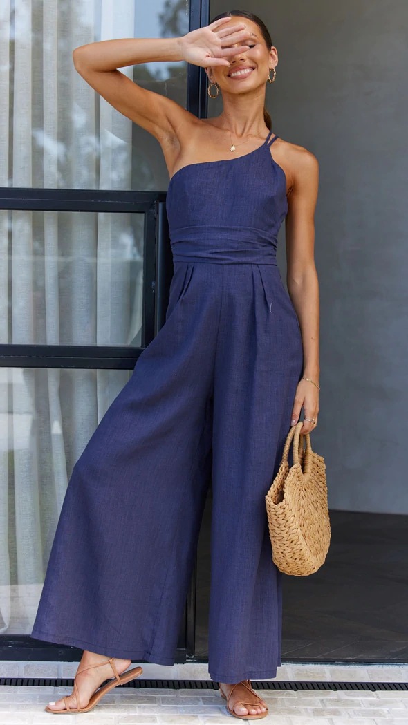 Solid Color Loose Wide-Leg Cotton Linen Jumpsuit - Jumpsuits & Rompers - Uniqistic.com