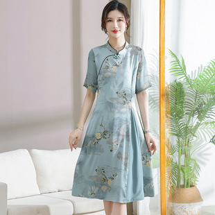 Mother's Day New Chinese Mom Temperament Chiffon dress 50-year-old Women's Summer Modified Cheongsam Long Skirt