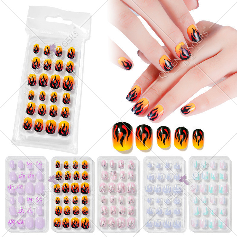 Finger Princess nail art children's finished nail piece 24 flame cartoon bag wearable finished nail art children's patch