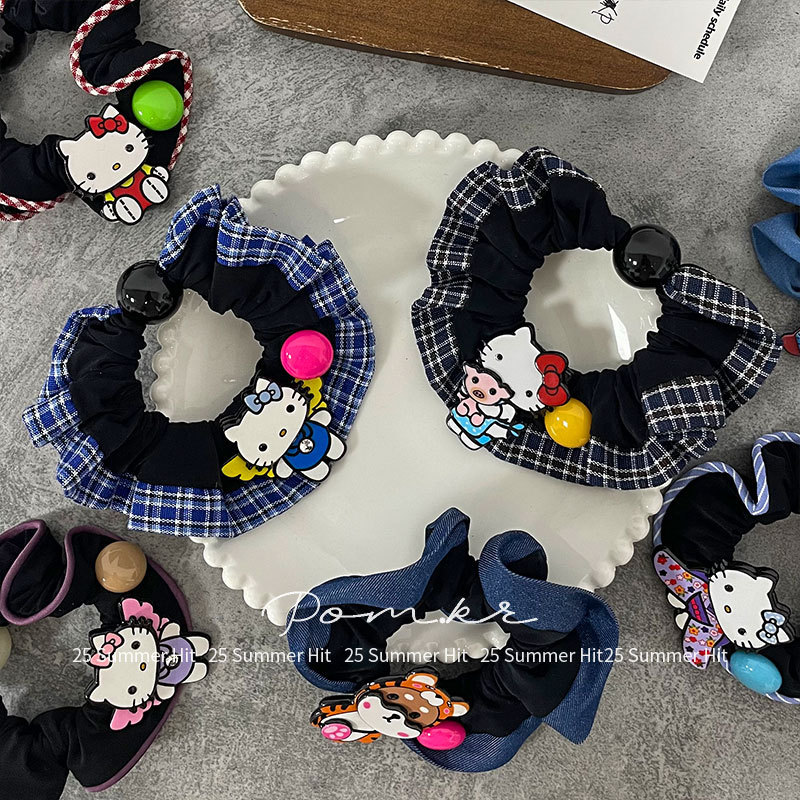 新款韩版卡通kt小肠发圈儿童高弹力丸子头潮牌头绳少女格纹发饰女|undefined