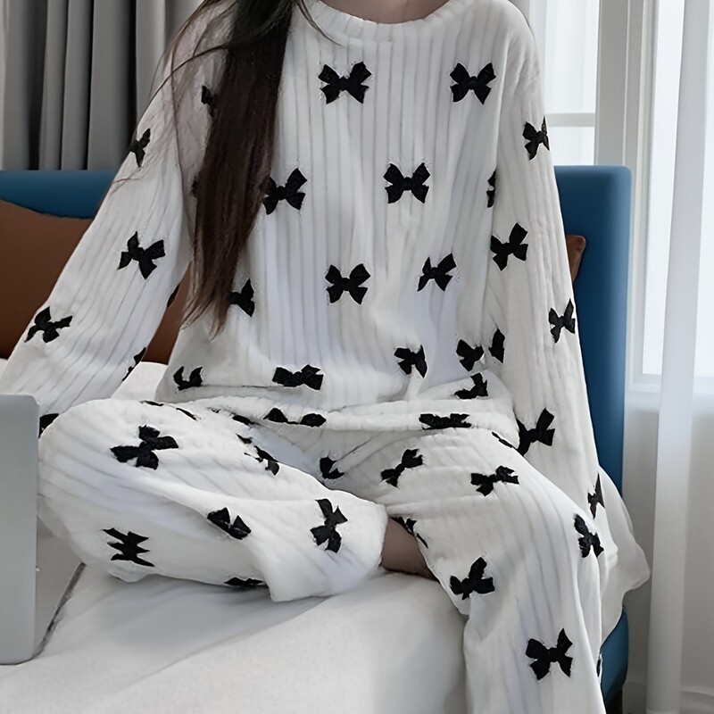 White Pit Strip Black Bow Print Pants with Matching Top in the Same Series, Sweet Home Pajamas Two-Piece Set