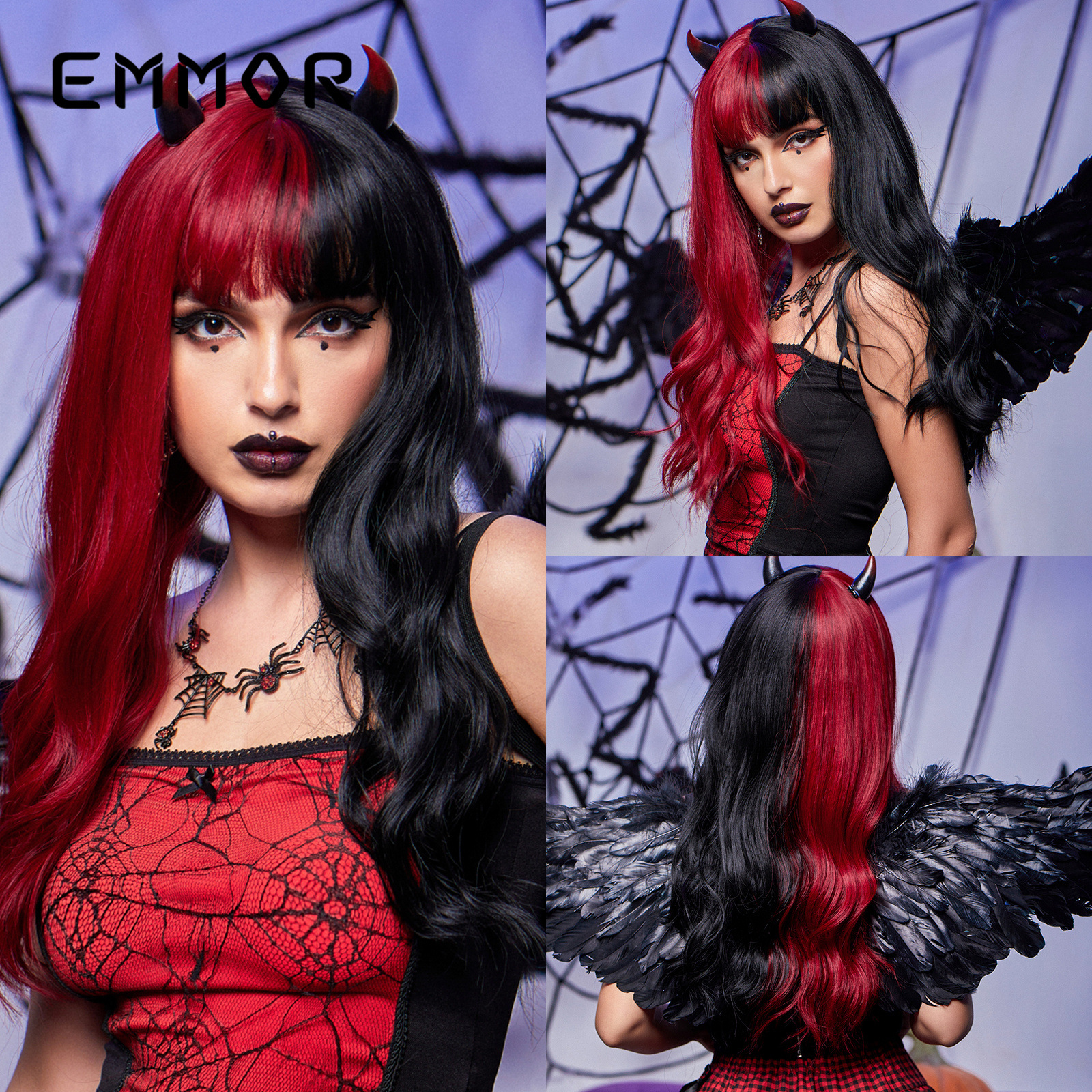 Mae La rojo gradiente de ocho caracteres flequillo grandes ondas cabello largo y rizado moda natural toda la peluca de Halloween